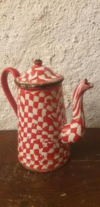 Oude Franse emaille koffiepot rood wit geblokt, Antiek en Kunst, Ophalen of Verzenden