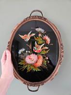 Vintage / antiek dienblad Japans hout, glas, vogels, Ophalen of Verzenden, Gebruikt, Ovaal, Hout