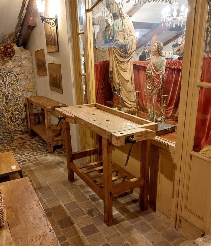 korte oude werkbank 130 cm met onderblad en 2 bankschroeven, Antiek en Kunst, Curiosa en Brocante, Ophalen