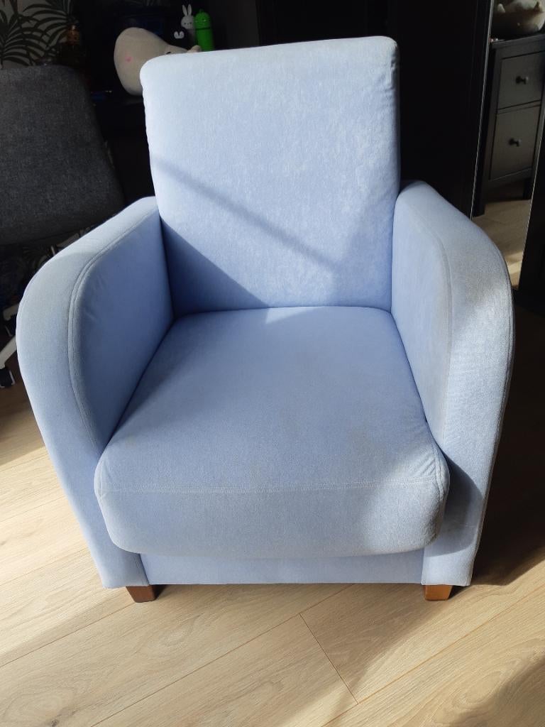 Licht blauwe fauteuil stoel, Huis en Inrichting, Fauteuils, Ophalen, Gebruikt, 75 tot 100 cm, Stof