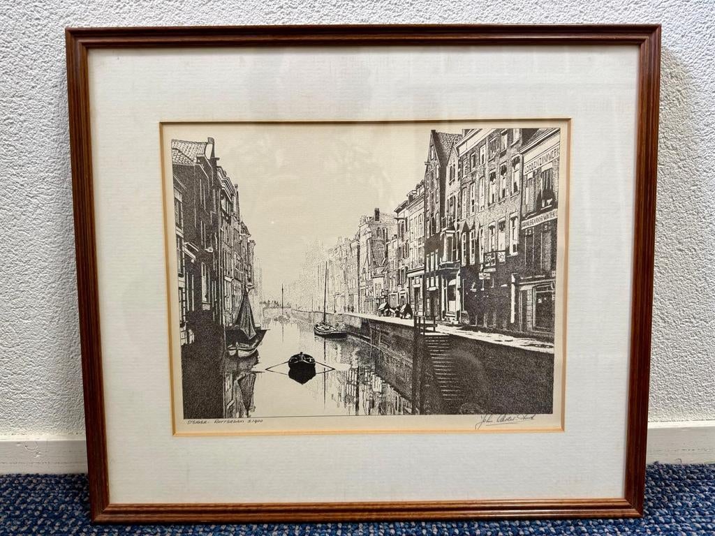 4 etsen van Rotterdamse stadsgezichten, Antiek en Kunst, Kunst | Etsen en Gravures, Ophalen, Ets, Stadsgezicht, Ingelijst