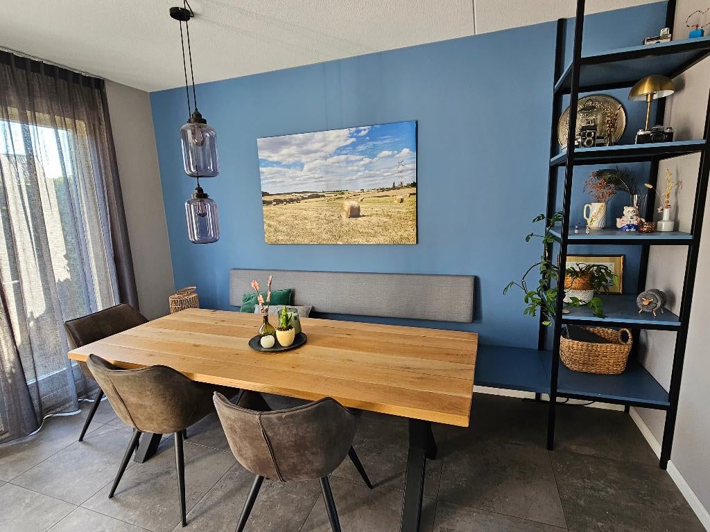 Op maat gemaakte eethoek met bank 3 eetstoelen, Ophalen, Gebruikt, Minder dan 75 cm, 300 cm of meer