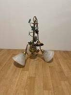Antieke messing kroonluchter met 3 glazen kappen, Antiek en Kunst, Ophalen of Verzenden