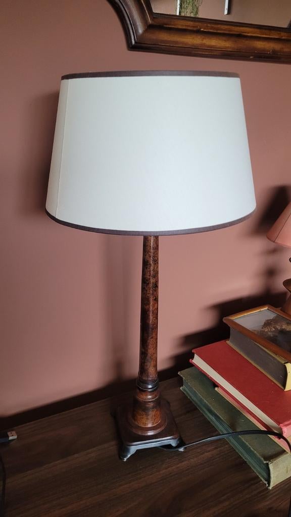 Vintage Tafellamp met Houten Voet en Crèmekleurige Kap, Ophalen of Verzenden
