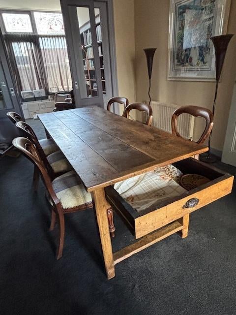 Franse kloostertafel antiek 200x80x77 (lxbxh) en 6 stoelen, Gebruikt, Eikenhout, 200 cm of meer, 50 tot 100 cm