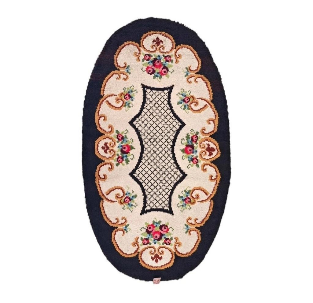 Handgeknoopt Retro wol Smyrna tapijt ovaal roses 116x204cm, Gebruikt, 100 tot 150 cm, Crème, Onbekend