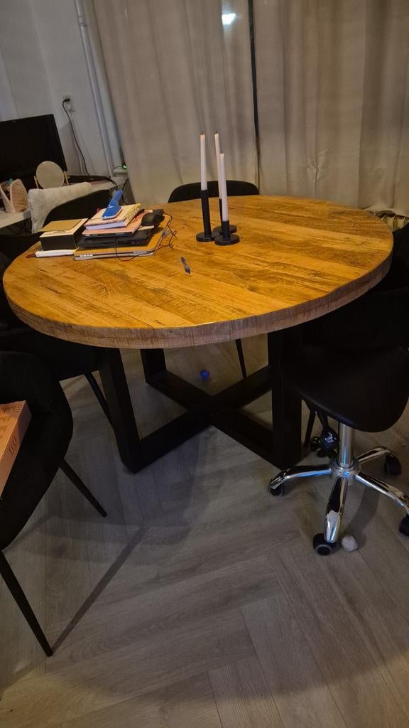 Ronde mango houten eettafel, Huis en Inrichting, Tafels | Eettafels, Ophalen, Rond, Zo goed als nieuw, 100 tot 150 cm