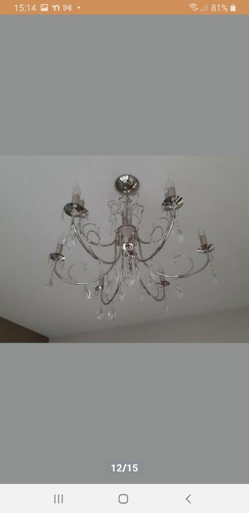 Plafondlamp kroonluchter, van koper en glas., Ophalen, Gebruikt, Glas, Plafondlamp kroonluchter, van koper en glas.