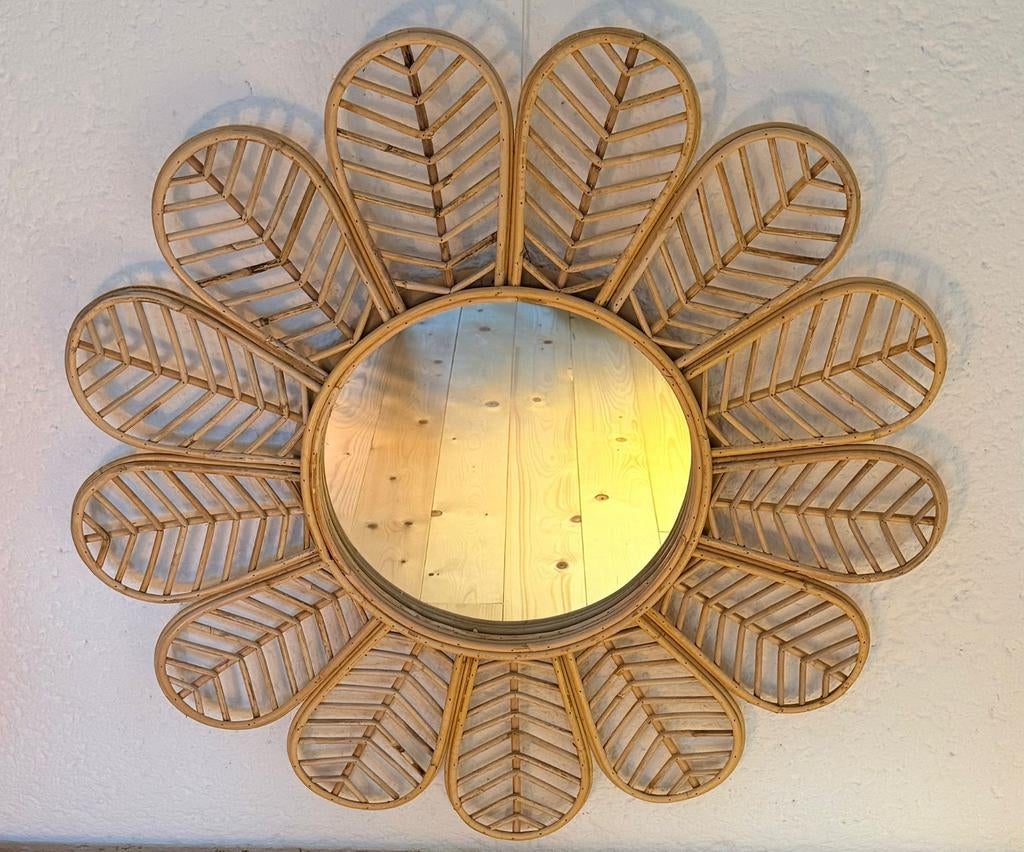 Rotan spiegel, ibiza/bohemian stijl, Ophalen, Zo goed als nieuw, Rond, Hout