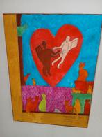 Vrolijk schilderij met thema liefde en katten, Ophalen of Verzenden