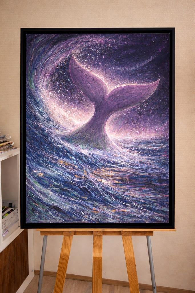 Uniek handgeschilderd schilderij – walvisstaart – 90 x 60 cm, Antiek en Kunst, Ophalen of Verzenden