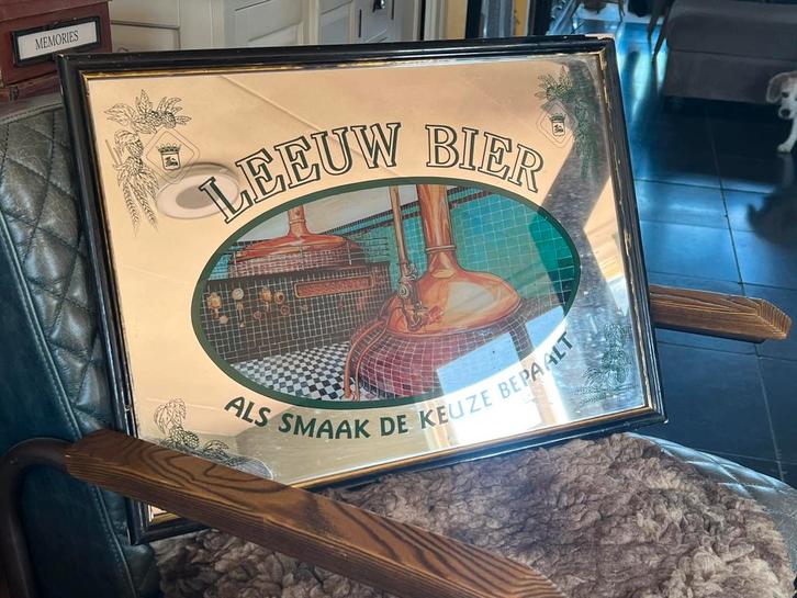 OUDE RECLAME SPIEGEL “ Leeuw Bier”, Verzamelen, Biermerken, Gebruikt, Reclamebord, Plaat of Schild, Overige merken, Ophalen
