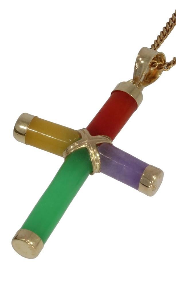Jade kruis 14k gouden ketting hanger fraai kleurrijk, Voordeelsieraden, Verzenden, Zo goed als nieuw, Info@voordeelsieraden.nl