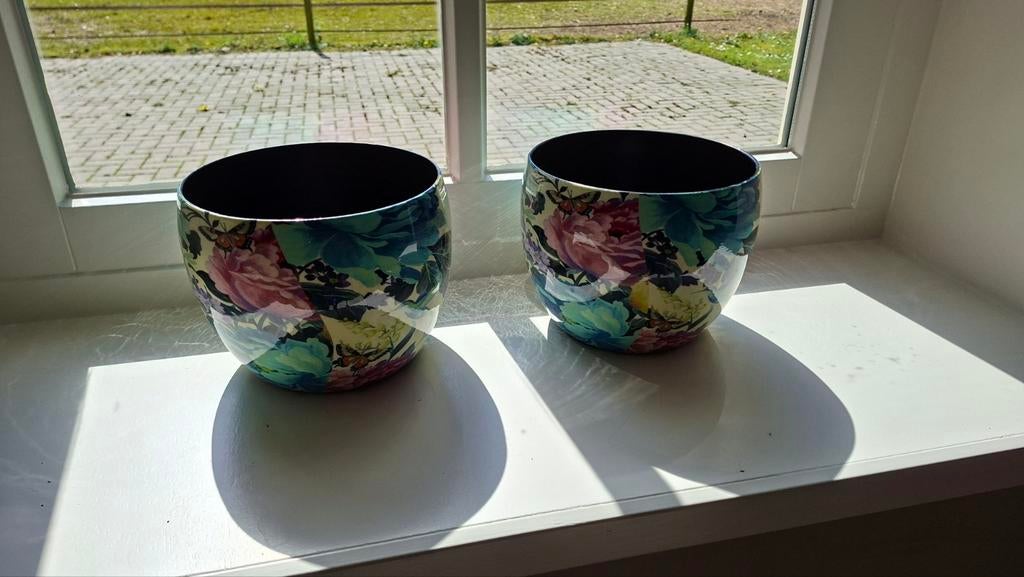 8 bloempotten met bloemenprint, 18cm doorsnede, Ophalen of Verzenden, Rond, Binnen, Minder dan 30 cm