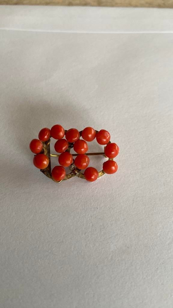 Broche antiek met bloedkoraal 3 bij 2 cm, Ophalen of Verzenden, Broche, Met edelsteen