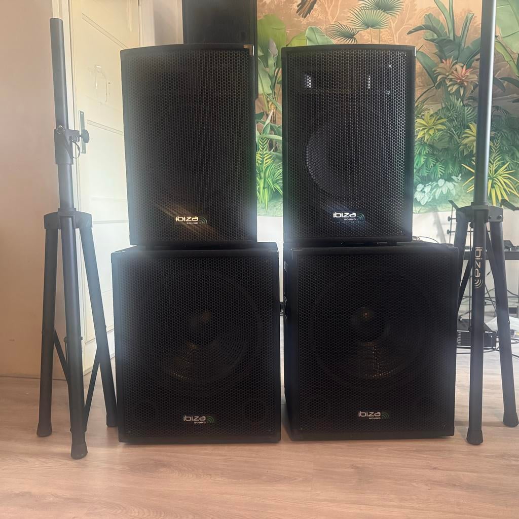 Ibiza Sound PA-set: 2x subs, 2x tops, 2x statieven, Nieuw, Complete surroundset, 120 watt of meer, Ophalen