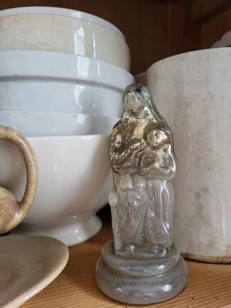 Antieke glazen zilveren Madonna met kind beeldje, Ophalen of Verzenden