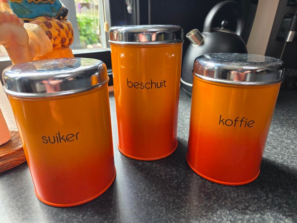 Vintage voorraadblikken set: koffie, suiker, beschuit, Ophalen