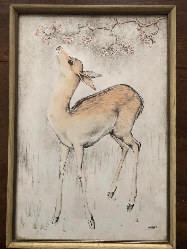Vintage tekening van reekalfje, gesigneerd Trinks, Antiek en Kunst, Kunst | Tekeningen en Foto's, Ophalen of Verzenden