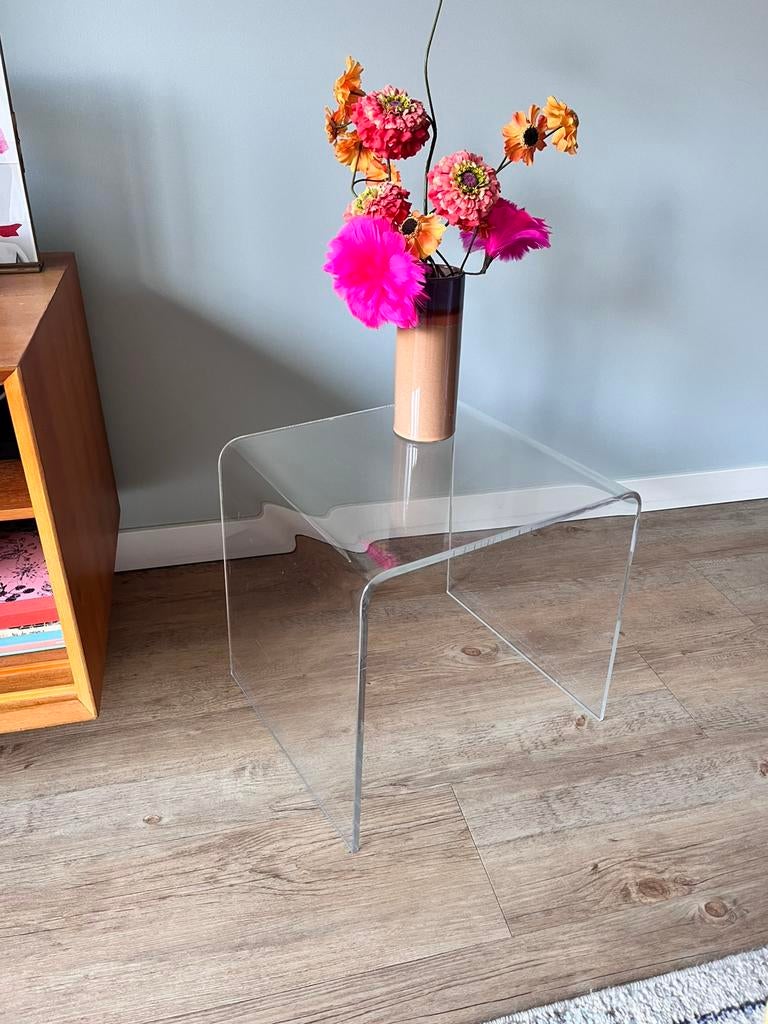 Mid century/retro/vintage plexiglas bijzettafel, Ophalen, Minder dan 45 cm, Gebruikt, Vierkant