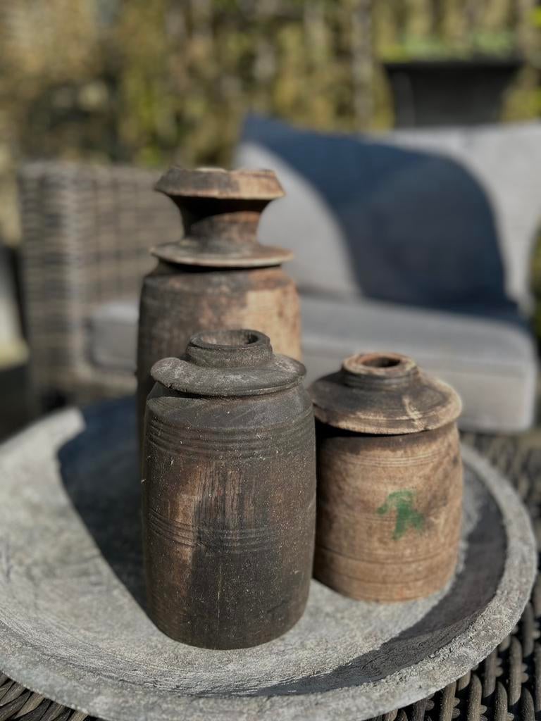 Set oude houten kruikjes India Nepal  sober sleets imperfect, Ophalen of Verzenden