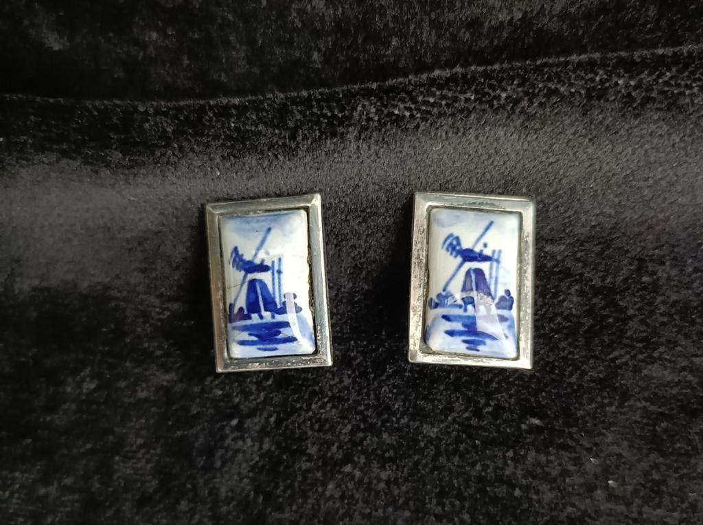 Antieke Zilveren 835 Oorclips met Delfts Blauw Keramiek, Sieraden, Tassen en Uiterlijk, Antieke sieraden, Ophalen of Verzenden
