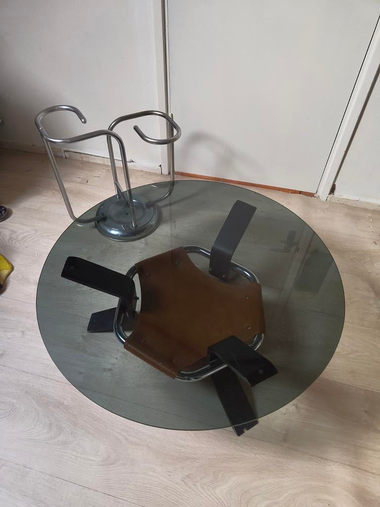 Vintage ronde salontafel met glazen blad, Ophalen