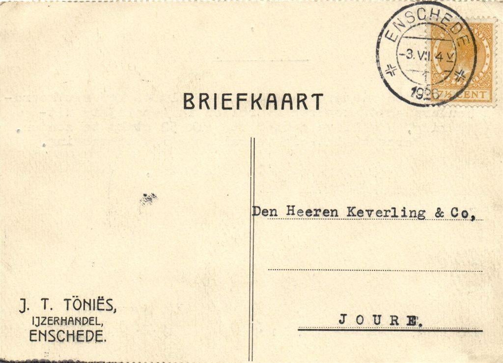 J.T. Tonies, IJzerhandel, Enschede - 07.1926 - briefkaart, Ophalen of Verzenden, Briefkaart