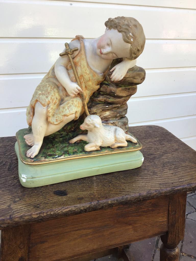 Gipsen groepje rustende engel met schaap, Ophalen of Verzenden