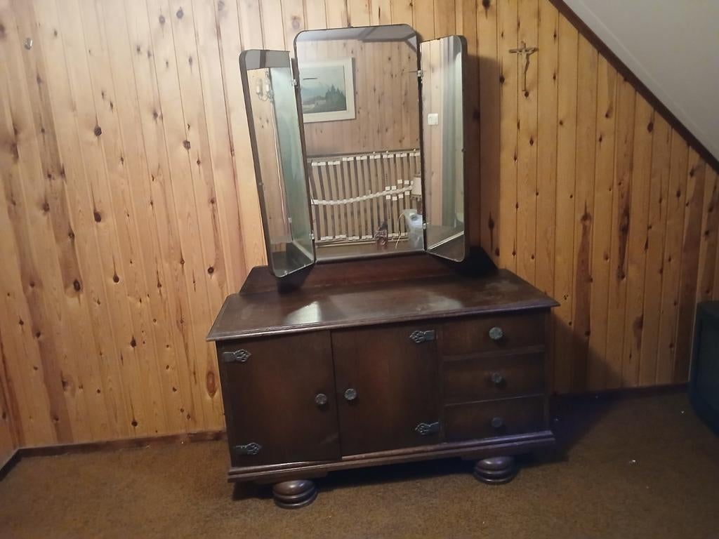 Vintage houten kaptafel met drieluik spiegel, Gebruikt, 100 tot 150 cm, Vintage, Klassiek, Retro, 100 tot 150 cm