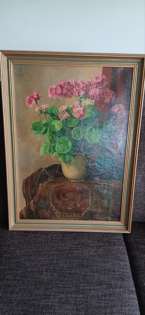 Vintage Schilderij: Bloemenstilleven met Geraniums, Antiek en Kunst, Kunst | Schilderijen | Klassiek, Ophalen