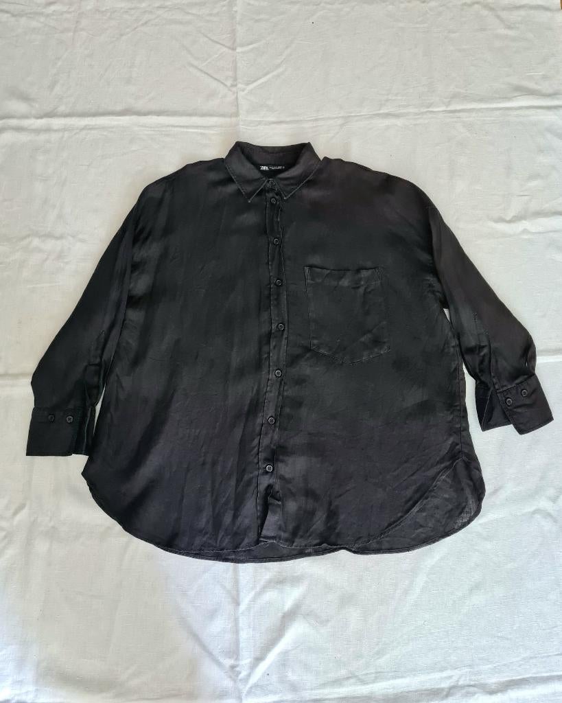Zwart overhemd met lange mouwen van 100% linnen van Zara, Kleding | Dames, Blouses en Tunieken, Maat 38/40 (M), Ophalen of Verzenden