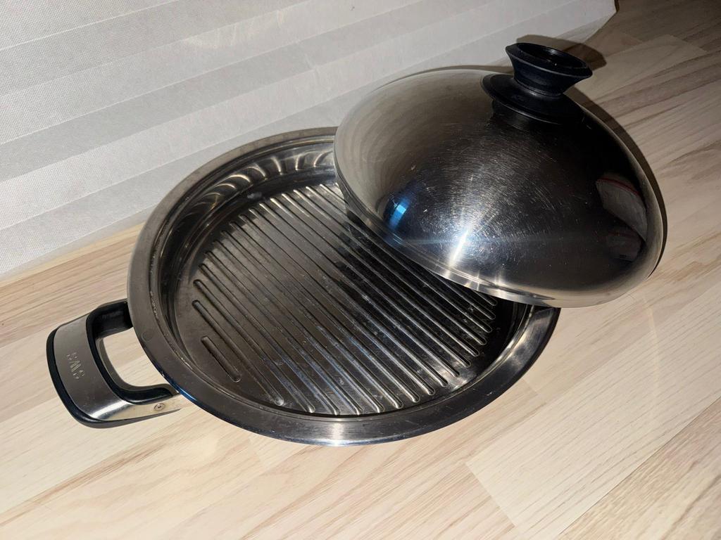 SimTronic RVS Grillpan met Deksel - Zo Goed als Nieuw, Inductieplaat, Ophalen of Verzenden, Zo goed als nieuw, Rvs