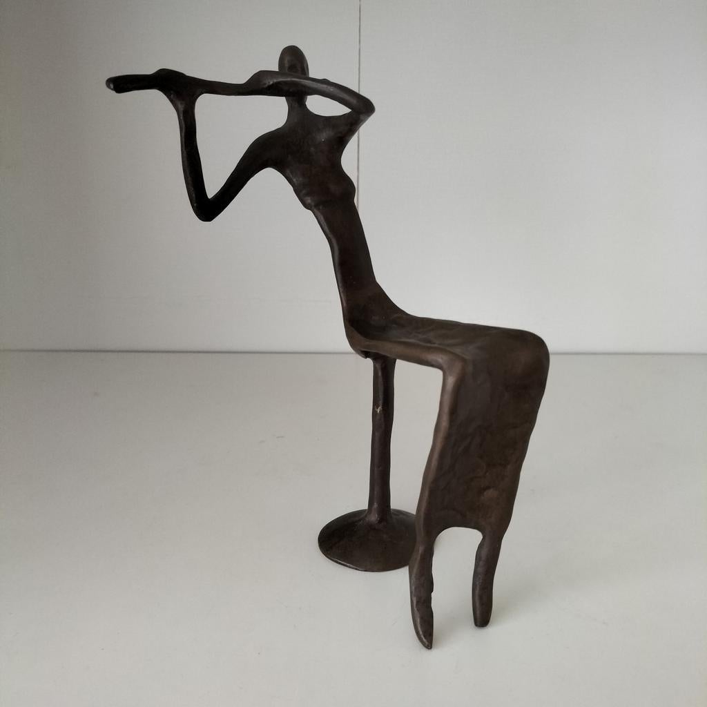 Bronzen beeld, vrouw met dwarsfluit, Antiek en Kunst, Antiek | Koper en Brons, Ophalen of Verzenden