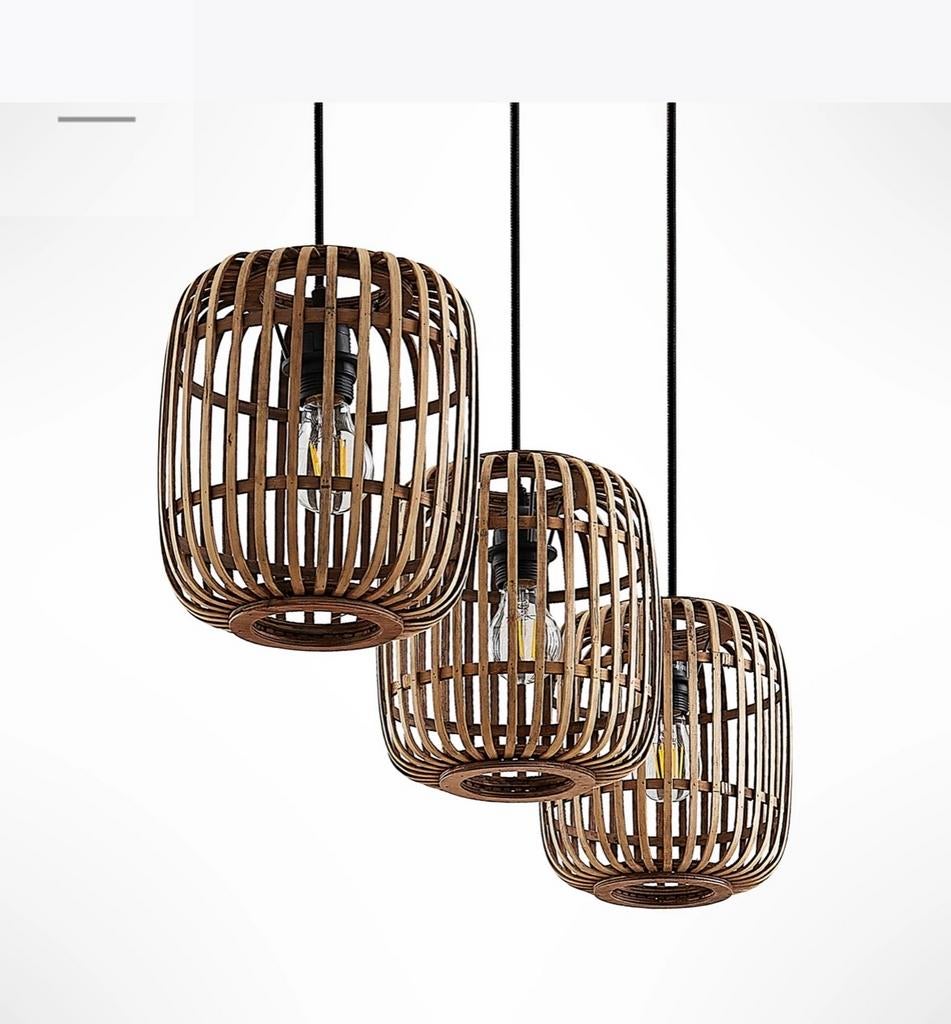 Hanglamp met 3 bamboe kappen, Ophalen, 50 tot 75 cm, Zo goed als nieuw, Hip