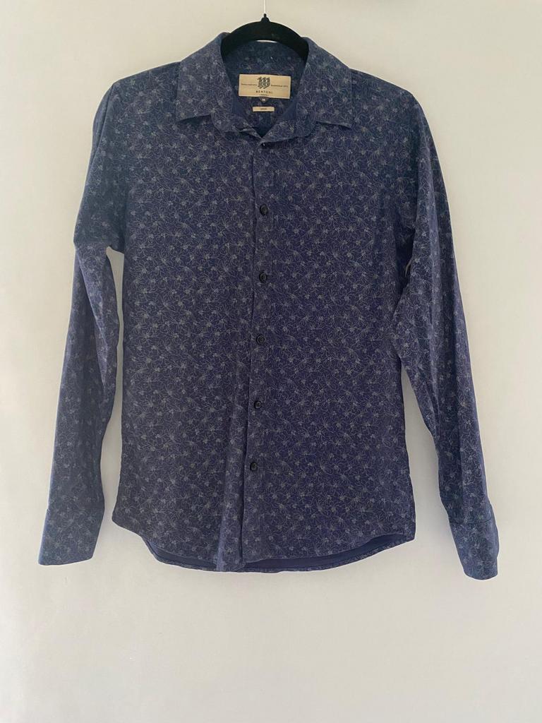 Bertoni overhemd – maat M 38 – donkerblauw print – stretch, Ophalen of Verzenden, Zo goed als nieuw, Blauw, Halswijdte 39/40 (M)