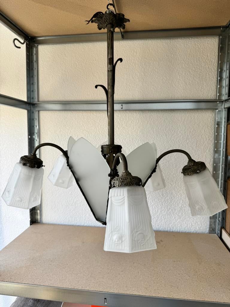 Franse Art Deco hanglamp, Ophalen, Gebruikt, Glas
