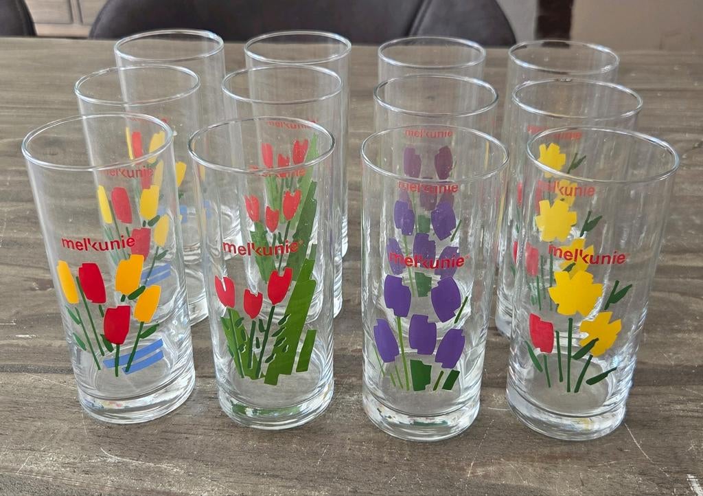 12 Melkunie Glazen - Vintage Bloemen Design, Ophalen