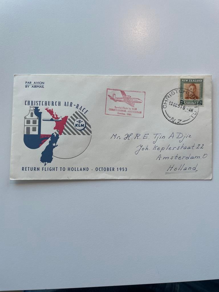 Luchtpost-cover Christchurch Air Race 1953 - KLM Special Fli, Ophalen of Verzenden, 1940 tot 1960, Gelopen, Buiten Europa