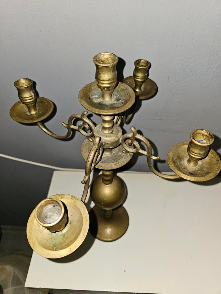 Antieke Koperen Kandelaar met Vijf Armen, Antiek en Kunst, Ophalen of Verzenden