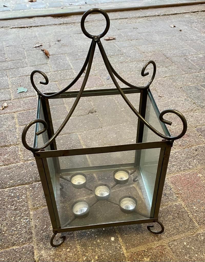 Windlicht van gietijzer en glas voor 5 waxinelichtjes, Ophalen, Gebruikt, 25 tot 50 cm, Metaal