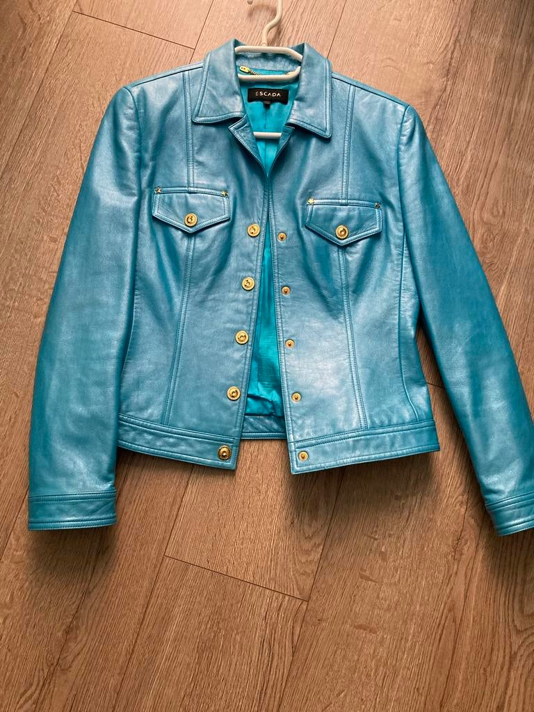 Escada Leren Jas Maat S - Turquoise Lammnappa, Ophalen of Verzenden, Zo goed als nieuw, Maat 36 (S), Overige kleuren