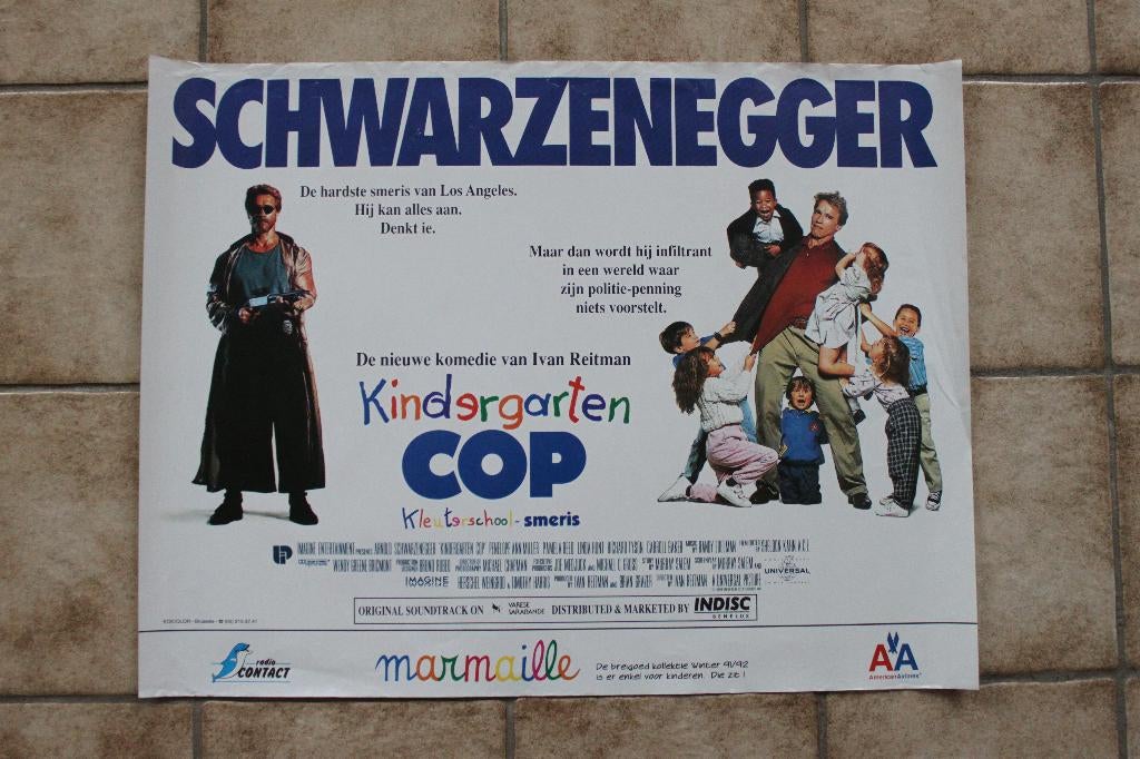 filmaffiche kindergarten Cop 1990 Schwarzenegger filmposter, Rechthoekig Liggend, Ophalen of Verzenden, Zo goed als nieuw, A1 t/m A3