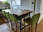 2 Industriële bartafels met 16 groene lederen barkrukken, Ophalen, Gebruikt, 200 cm of meer, 50 tot 100 cm