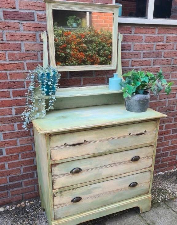 Boeren antiek grenen kaptafel ladenkast met spiegel groen, Huis en Inrichting, Kasten | Ladekasten, Zo goed als nieuw, 100 tot 150 cm