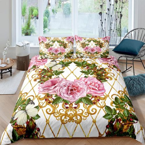 Barok Dekbedovertrek 8 / Roze Wit Gouden Luxe Bloemen Bloem, Huis en Inrichting, Slaapkamer | Beddengoed, Nieuw, Dekbedovertrek