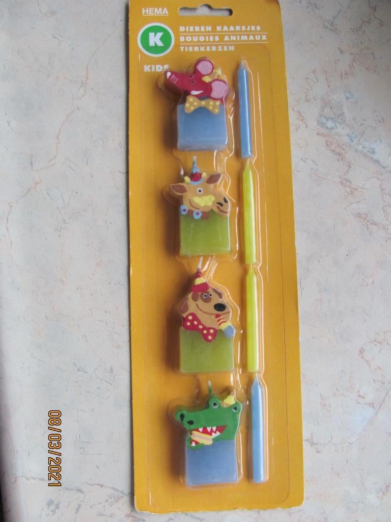 NIEUW in verpakking HEMA Dieren Taart KAARSJES 8-delig kaars, Ophalen of Verzenden, Nieuw, Versiering, Verjaardag