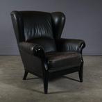 Vintage lederen oorfauteuil – donker bruin, Huis en Inrichting, Fauteuils, Gebruikt, Vintage, Ophalen of Verzenden, X