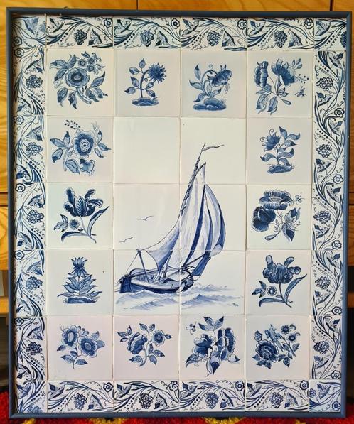 Friese witjes Groot tegeltableau zeilboot en bloemen 78x65, Antiek en Kunst, Antiek | Wandborden en Tegels, Ophalen of Verzenden