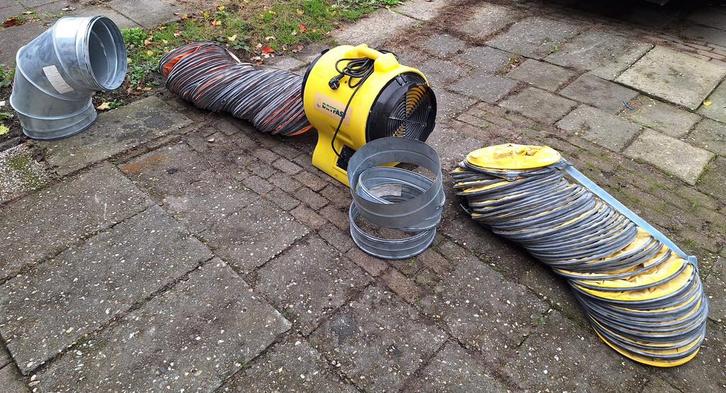 Dryfast TTV2500 bouwventilator met slangen, werkt goed!, Doe-het-zelf en Verbouw, Ventilatie en Afzuiging, Zo goed als nieuw, Ventilator en Afzuiger